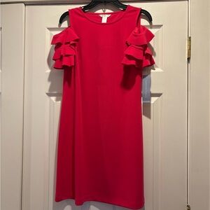 London Times Hot Pink Cold-Shoulder Ruffle Shift Dress